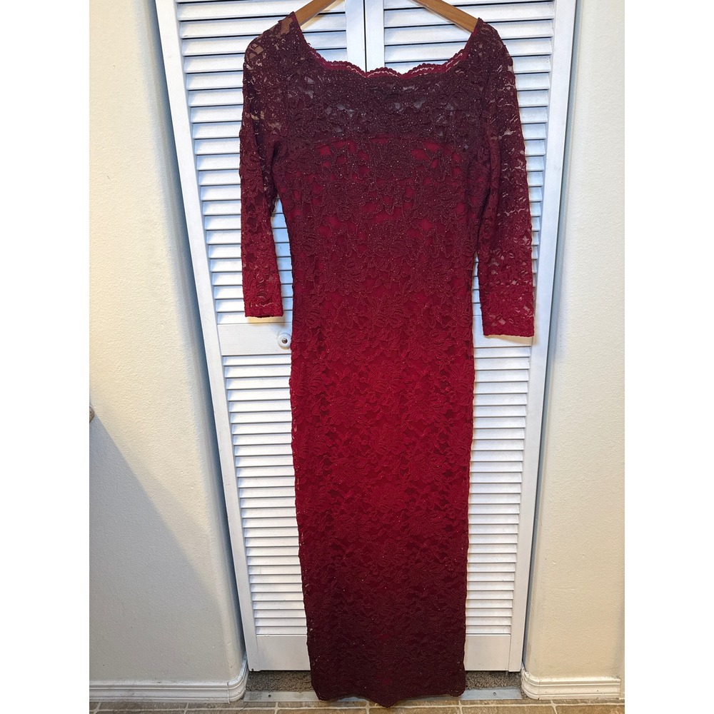 Blu Sage Red Ombre Glitter Lace Maxi Dress 3/4 Sleeve Evening Gown Size 8